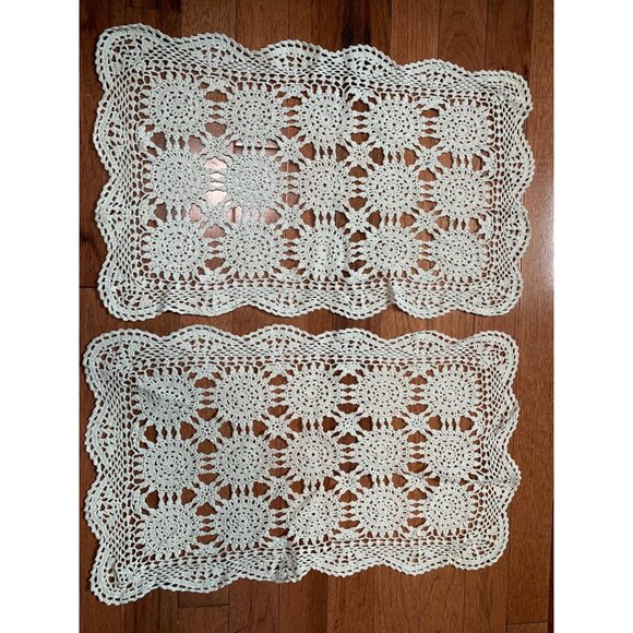 Vintage Handmade Crochet Doilies Set of 2 Rectangular 12"x20" Ivory Lace - Picture 4 of 8